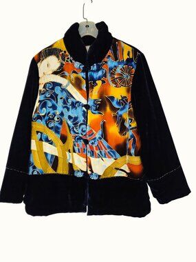 90s Silk Blue Velvet Down Jacket Sz L Female Face Abstract Art Frog Close Chines